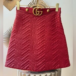 Gucci Red Leather Quilted A-Line Skirt with Gold Details